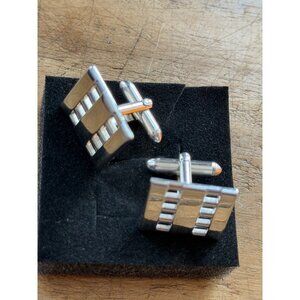 Silver-Toned Rectangular Cufflinks With Textured Geometric Design